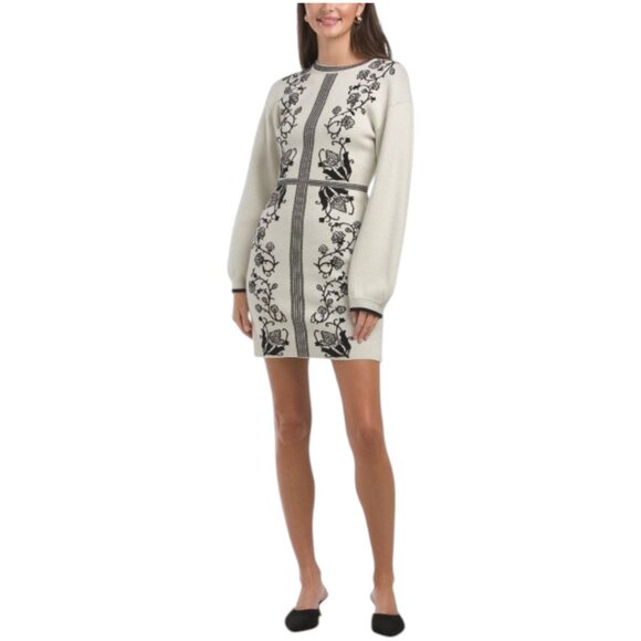 ZOE & CLAIRE Long Sleeve Mock Neck Placed Floral Sweater Mini Dress - Picture 1 of 3